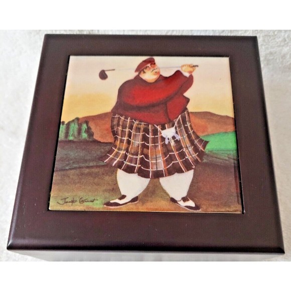 Wine Stopper Set Fat Golfer Wood Box Ceramic Tile Inset W/Box Jennifer Garant - Picture 11 of 12
